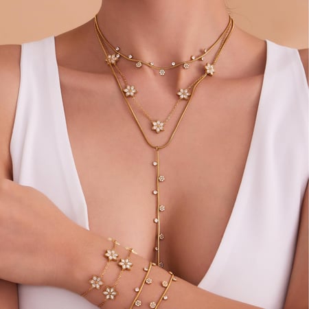Hermosos conjuntos de joyas para mujer con circonitas de color dorado y acero inoxidable con flores 2
