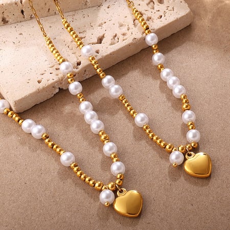 Collar de perlas de color dorado y acero inoxidable con forma de corazón de 1 pieza
