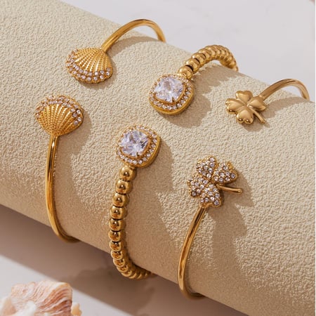 1 Piece Exquisite Shell Stainless Steel Gold Color Zircon Women's Cuff Bracelets
