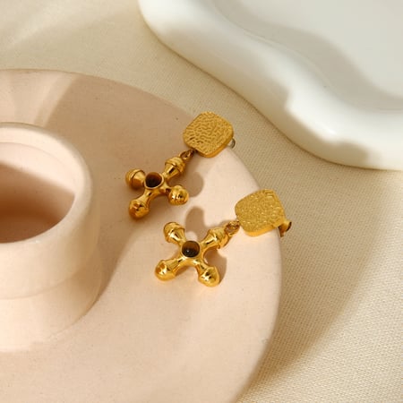 Boucles d'oreilles pendantes rétro en forme de croix, en acier inoxydable doré et pierre naturelle (1 paire)