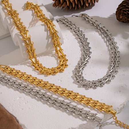 Casual Chain Stainless Steel Gold Color Necklace Set 2