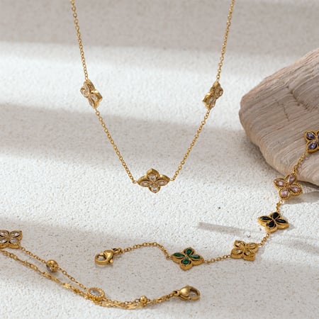 1 Piece Elegant Clover Stainless Steel Gold Color Zircon Necklaces Set 2