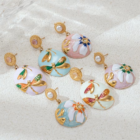 1 Pair Romantic Enamel Flower Stainless Steel  Gold Color Drop Earrings