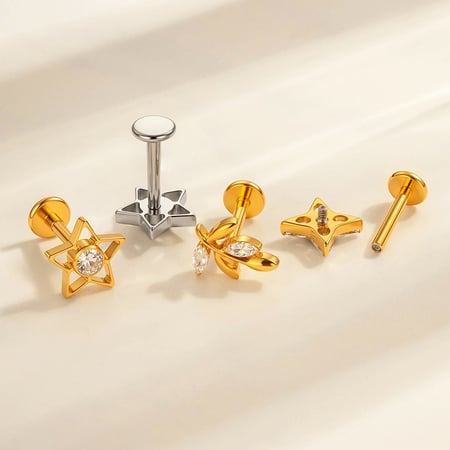 1 Piece Shining Bow Knot Star Fish Titanium Alloy Gold Color Zircon Women's Piercing Earrings