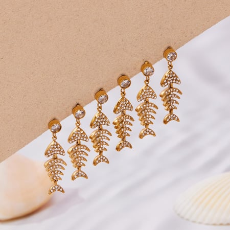 1 Pair Delicate Fishbone Stainless Steel Gold Color Zircon Women's Drop Earrings