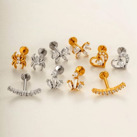 1 Piece Delicate Heart Bow Knot Snake Stainless Steel Gold Color Zircon Women's Piercing Earrings 2