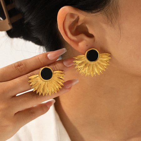 1 Paar Retro Blatt Edelstahl Gold Farbe Naturstein Ohrstecker 2