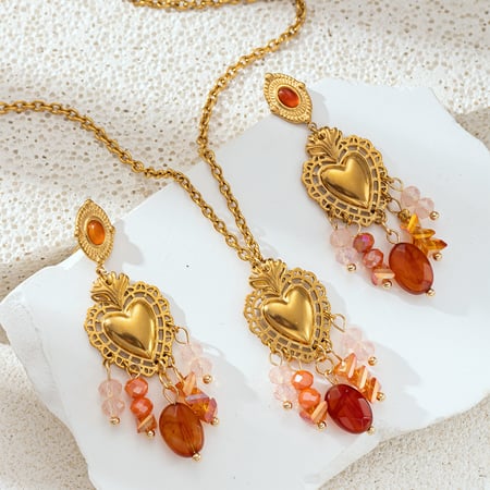 Heart Stainless Steel Gold Color  Crystal Tassel Natural Stone Necklace Set