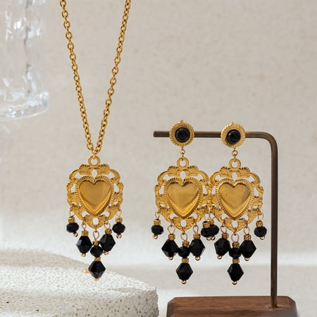 Retro Heart Stainless Steel Gold Color Crystal Tassel Natural Stone Necklace Set 2
