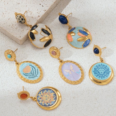 1 Pair Romantic Enamel Flower Stainless Steel  Gold Color Drop Earrings 2