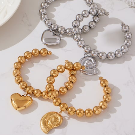 1 Piece Solid Color Heart Beads Shell Stainless Steel Gold Color Women's Cuff Bracelets