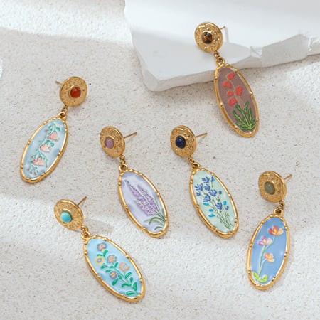 1 Pair Romantic Enamel Flower Stainless Steel  Gold Color Natural Stone Drop Earrings