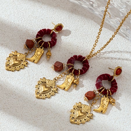 Heart Stainless Steel Velvet Circle Gold Color Natural Stone Necklace Set