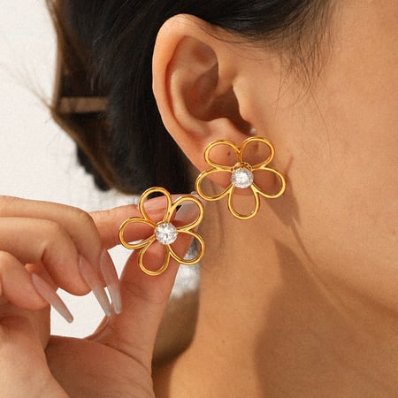 1 Pair Flower Stainless Steel Gold Color Zircon Stud Earrings 2