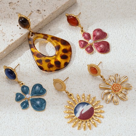 1 Pair Retro Enamel Flower Stainless Steel  Gold Color  Natural Stone Drop Earrings 2