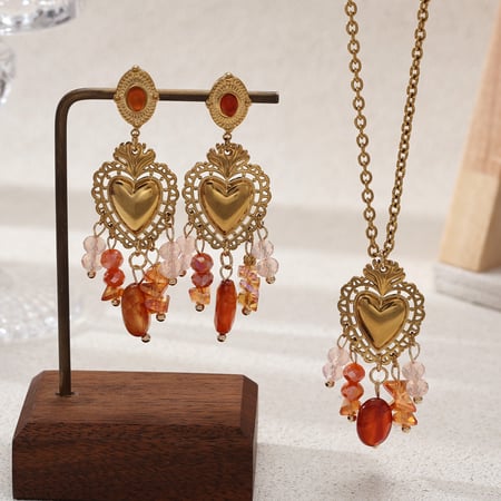 Heart Stainless Steel Gold Color  Crystal Tassel Natural Stone Necklace Set 2