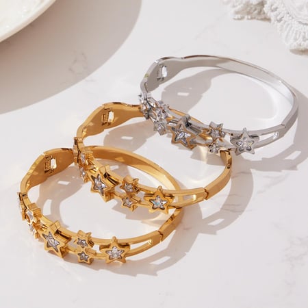 Bracelet manchette pour femme en acier inoxydable doré et zircon, motif étoile, 1 pièce