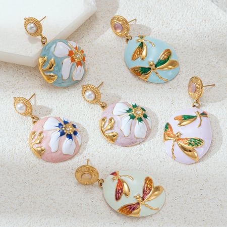 1 Pair Romantic Enamel Flower Stainless Steel  Gold Color Drop Earrings 2