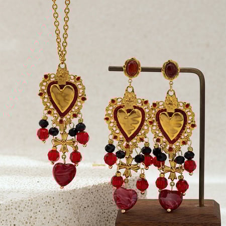 Retro Heart Stainless Steel Gold Color Crystal Tassel Natural Stone Necklace Set 2