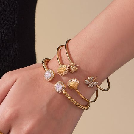 1 Piece Exquisite Shell Stainless Steel Gold Color Zircon Women's Cuff Bracelets 2