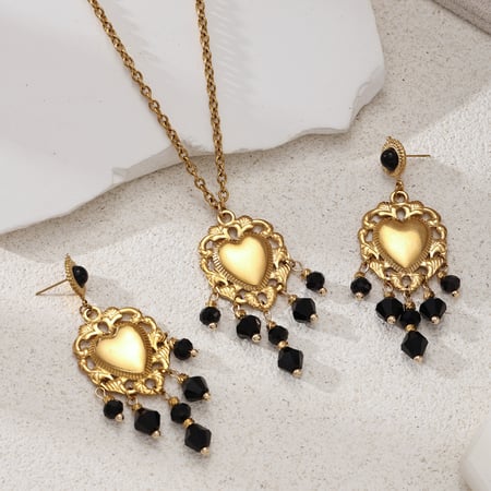 Retro Heart Stainless Steel Gold Color Crystal Tassel Natural Stone Necklace Set