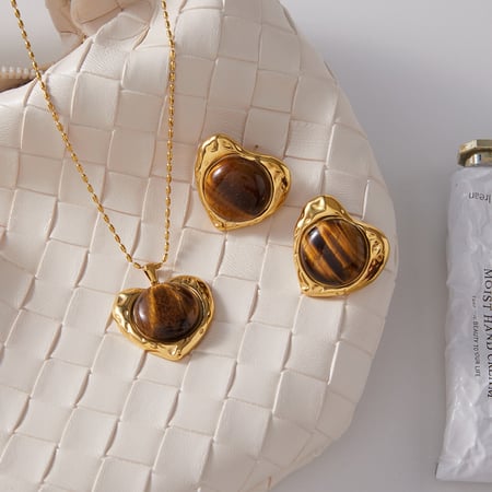 Klassisches Herz Edelstahl Goldfarbe Naturstein Damen Schmuck Sets