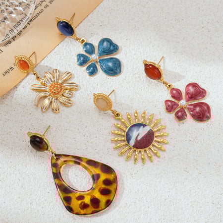 1 Pair Retro Enamel Flower Stainless Steel  Gold Color  Natural Stone Drop Earrings
