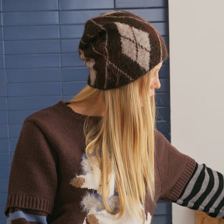 1 bonnet tricoté en nylon de couleurs mélangées à carreaux rétro