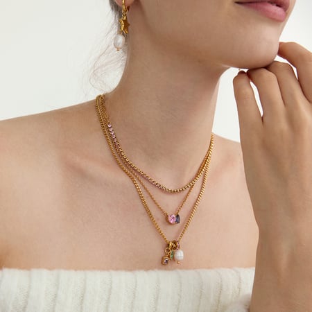 1 Piece Polychrome Rectangle Stainless Steel Gold Color Zircon Women's Pendant Necklaces 2