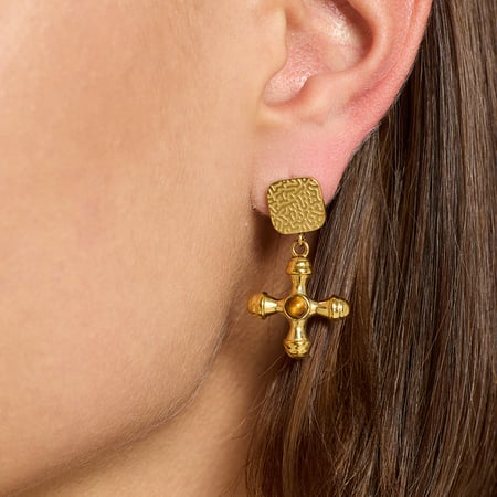 Boucles d'oreilles pendantes rétro en forme de croix, en acier inoxydable doré et pierre naturelle (1 paire) 2