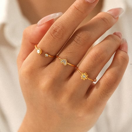 Çiçek Kalp Paslanmaz Çelik Altın Renkli Zirkon Yüzük Seti 2