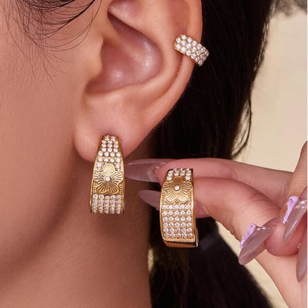 1 Pair Shining Flower Stainless Steel Gold Color Zircon Women's Hoop Earrings 2