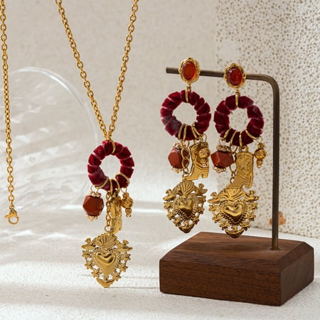 Heart Stainless Steel Velvet Circle Gold Color Natural Stone Necklace Set 2