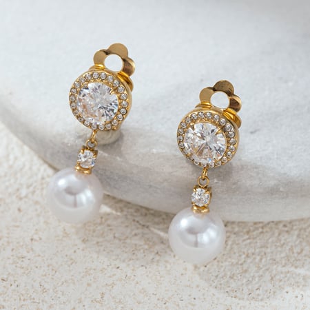 1 paio di orecchini a clip in acciaio inossidabile color oro con perle