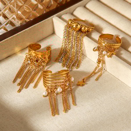 1 Parça Püsküllü Paslanmaz Çelik Altın Rengi Zirkon Taşlı Gösterişli Yüzük 2