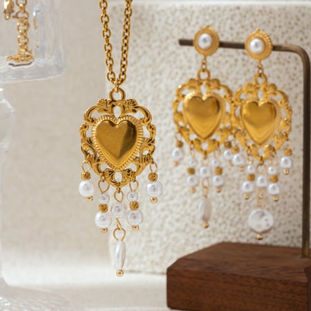 Heart Stainless Steel Gold Color Tassel Pearl Necklaces Set