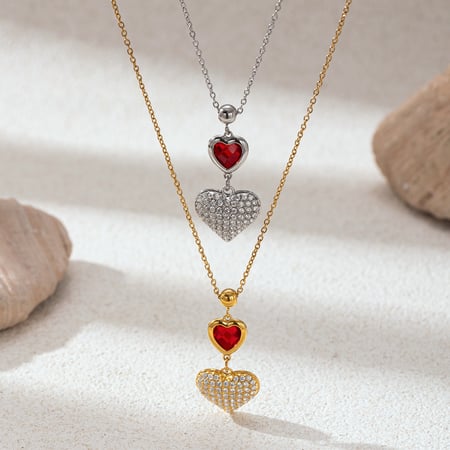 Collana con ciondolo a forma di cuore in zircone color oro in acciaio inossidabile da 1 pezzo 2