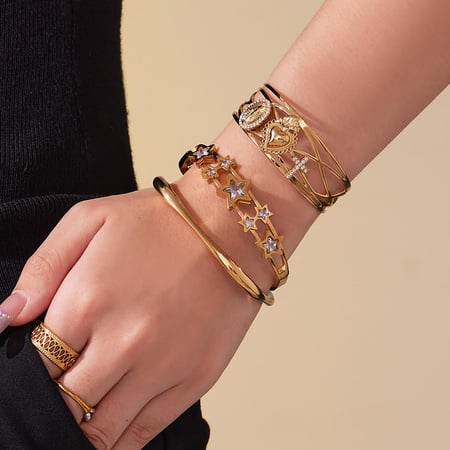 Bracelet manchette pour femme en acier inoxydable doré et zircon, motif étoile, 1 pièce 2