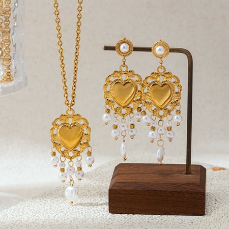 Heart Stainless Steel Gold Color Tassel Pearl Necklaces Set 2