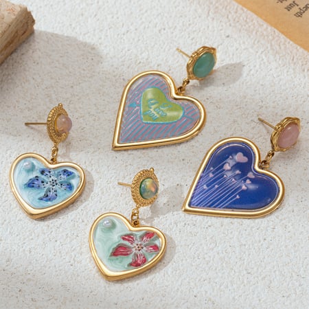 1 Pair Enamel Heart Stainless Steel Natural Stone Drop Earrings 2