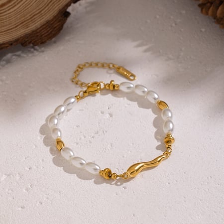 1 Piece Pearl Beads Stainless Steel Gold Color Beaded Bracelet 2