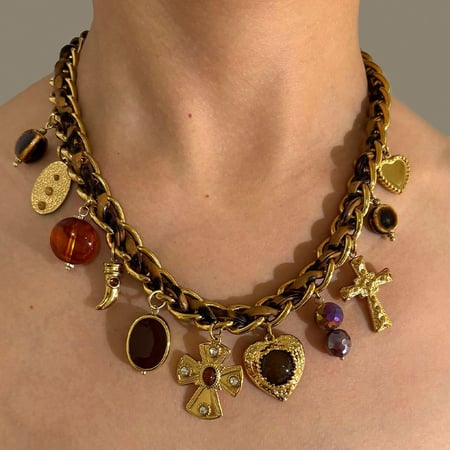1 Stück Halskette mit Herz-Kreuz-Anhänger aus goldfarbenem Leder und Acryl