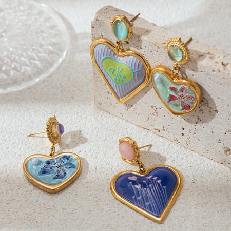 1 Pair Enamel Heart Stainless Steel Natural Stone Drop Earrings