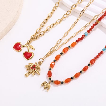 Collar con colgante de acero inoxidable con forma de corazón y cereza de piedra natural para mujer, serie roja, 1 unidad