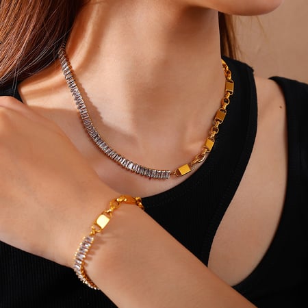 Irregular Shape Stainless Steel Gold Color Zircon Necklace Set 2
