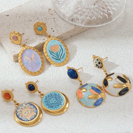 1 Pair Romantic Enamel Flower Stainless Steel  Gold Color Drop Earrings