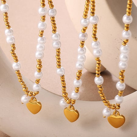 Collar de perlas de color dorado y acero inoxidable con forma de corazón de 1 pieza 2