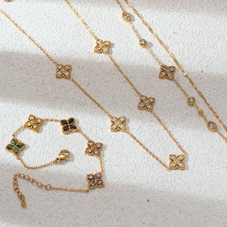 1 Piece Elegant Clover Stainless Steel Gold Color Zircon Necklaces Set