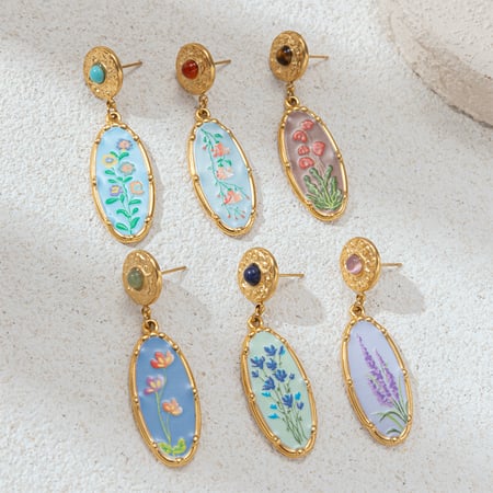 1 Pair Romantic Enamel Flower Stainless Steel  Gold Color Natural Stone Drop Earrings 2