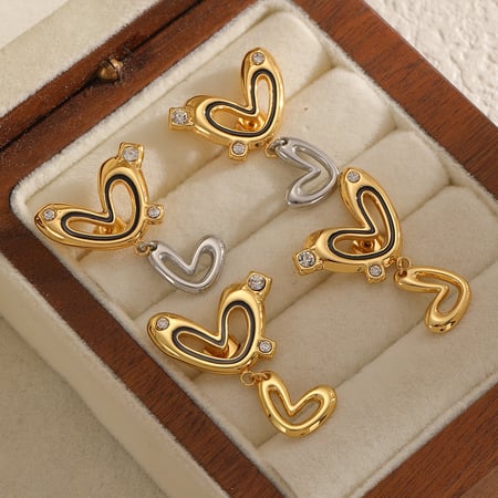 1 paire de boucles d&#39;oreilles pendantes classiques en forme de cœur, en acier inoxydable doré et ornées de strass